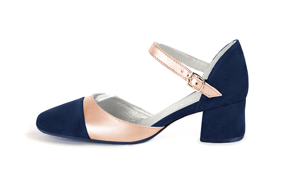 Women's navy blue and powder pink open side dress shoes, with an instep strap. Round toe. Low flare heels - Profile view